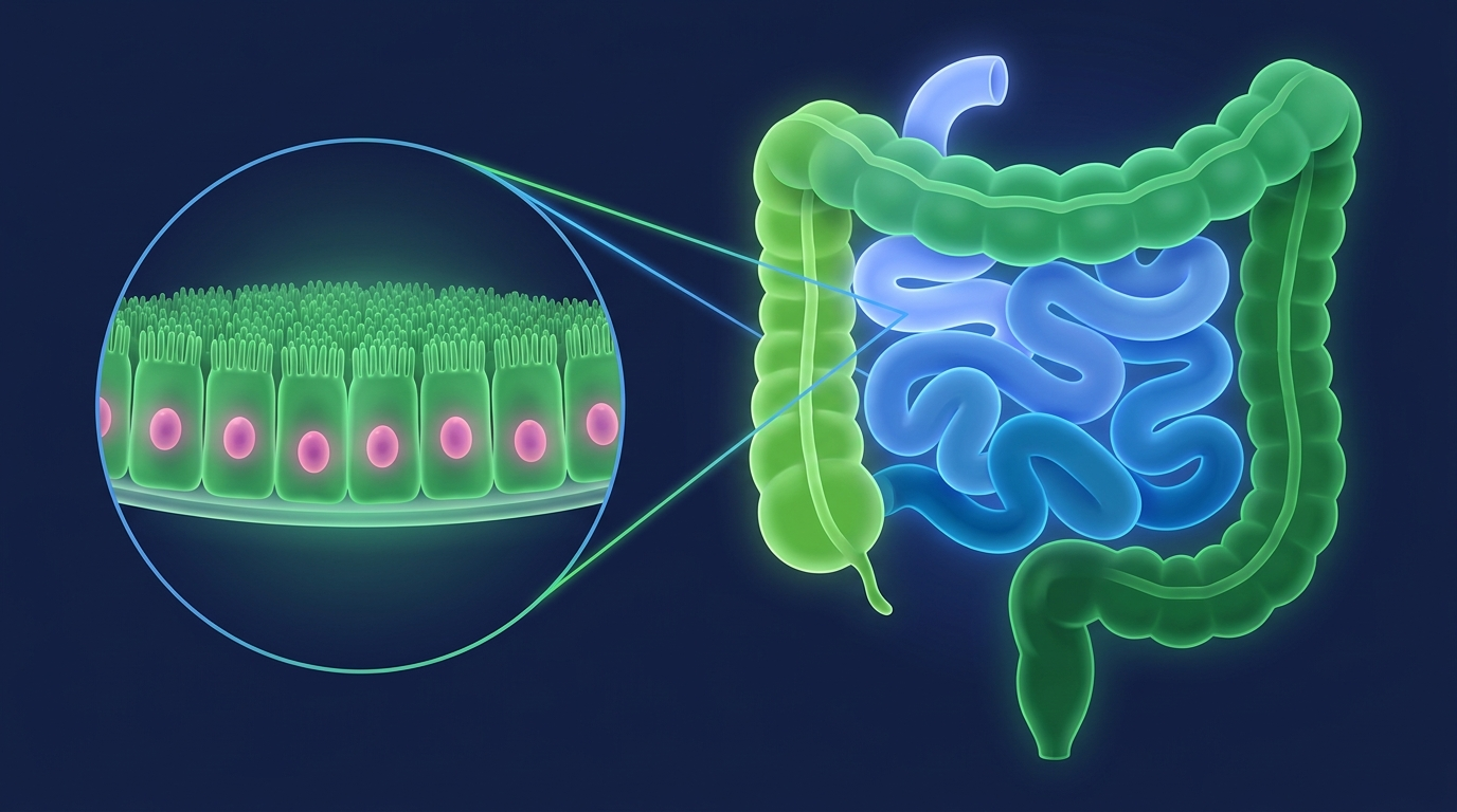 Human intestinal regions available in RepliGut gut cell culture kits, from duodenum through colon, with a flat epithelial monolayer inset