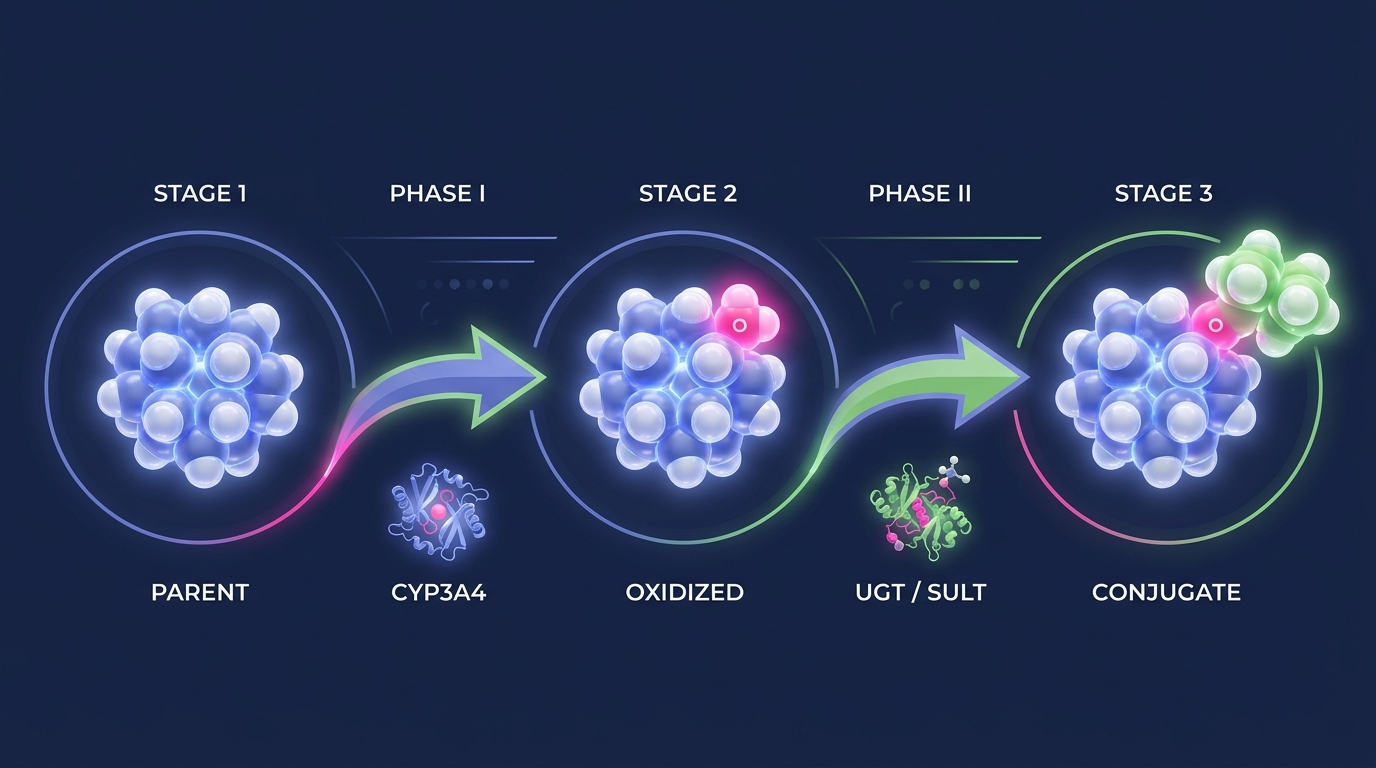 Phase I and Phase II metabolism pathway on RepliGut Planar: parent drug, CYP3A4 oxidation, then UGT and SULT conjugation to a water-soluble conjugate