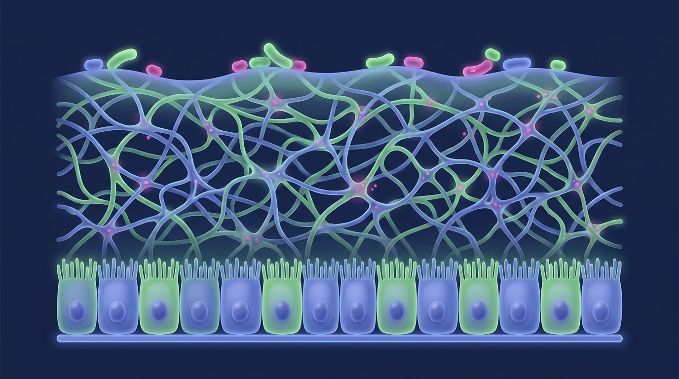 Cross-section of the human intestinal mucus layer showing the mucin polymer mesh over an epithelial monolayer