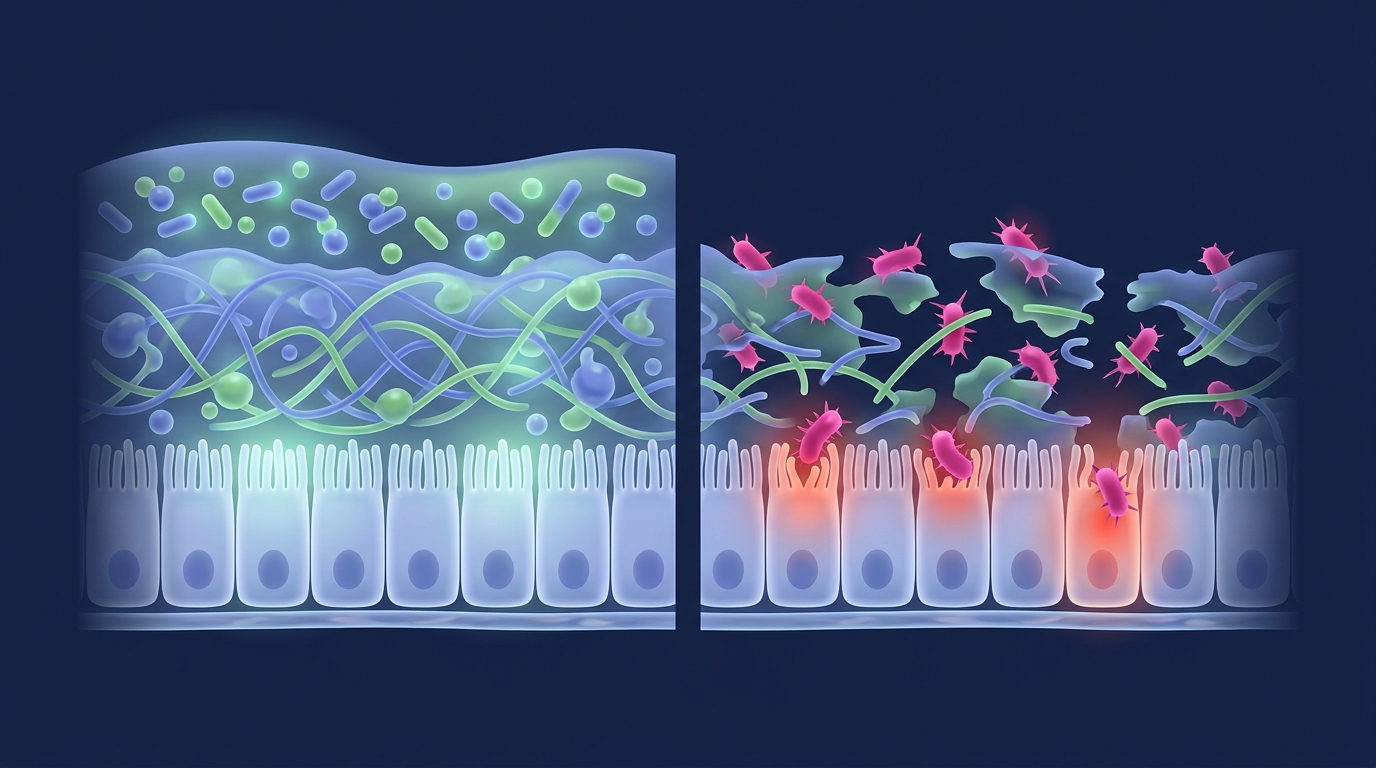 Healthy human intestinal mucus versus a degraded mucus layer letting pathogens reach the epithelium