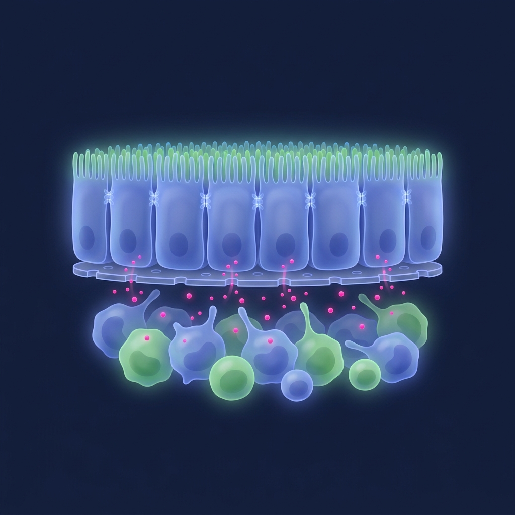 Stylized RepliGut intestinal epithelial model with immune cells and cytokines, representing the Crypt and Immune Co-Culture platforms