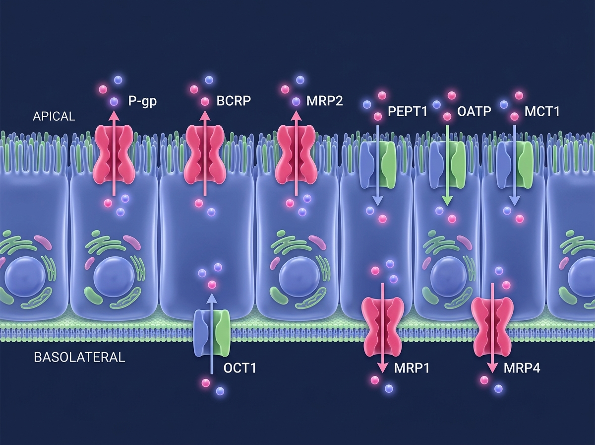 Drug transporter localization on RepliGut Planar Jejunum: apical efflux P-gp, BCRP, MRP2; apical uptake PEPT1, OATP, MCT1; basal uptake OCT1; basal efflux MRP1, MRP4